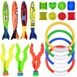 Dewocke Underwater Diving Pool Toys, Fun Swimming Training Set with Diving Torpedoes (4pcs), Dive Rings (4pcs), Seagrass (3pcs), and Treasure Diamonds (8pcs), Perfect for Pool Parties and Summer Games