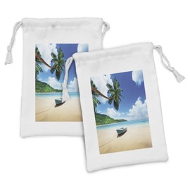 Ambesonne Beach Fabric Pouch Set of 2, Boat on the Beach Mahe Island Lagoon Seychelles Exotic Shoreline Image, Small Drawstring Bag for Toiletries Masks and Favors, 9" x 6", Blue Green Sand Brown