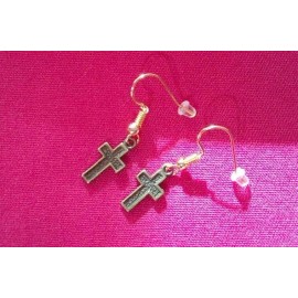 Jesus Cross Holy Medal Pierced Earrings, Goldtone Bronzetone Crucifix Jewelry