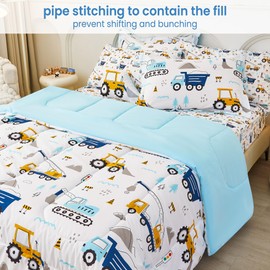 Mooreeke Twin Size Comforter Sets for Girls Kids, 6 Pieces Bed in a Bag Truck Excavator Bedding Comforter Sheet Set with Shams and Decorative Toy Pillow, Ultral Soft Microfiber Kids Bed Set