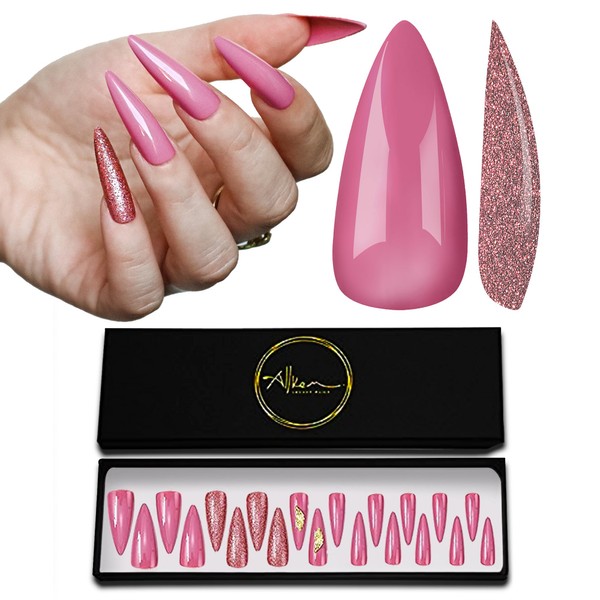 Allkem Rose Pink Glam Sculpted Stiletto Press on Nails | Glossy Extra Long Stiletto| 10 sizes - 20 pcs Nail kit with Glue
