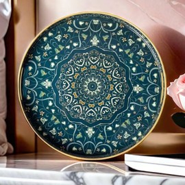 Fuukou Round Serving Tray with Handles - Round Ottoman Tray Round Coffee Table Tray,Round Plastic Serving Tray,Dark Blue Boho Tray for Bathroom,Kitchen and Bedroom