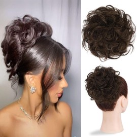 Messy Bun Hair Piece100% Human Hair Layered Wavy Curly Buns Hairpiece for Women Thick Tousled Updo Hairpiece for Daily Wear Real Hair Ponytail Extension (Dark Brown)
