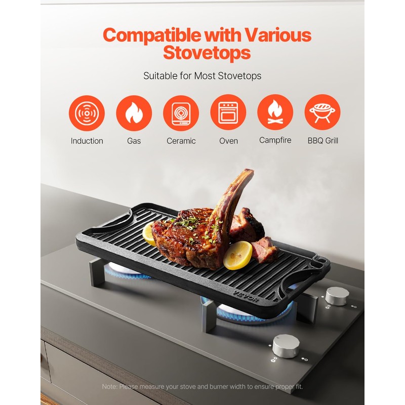 VEVOR Reversible Grill/Griddle, 20x10 inch Pre-Seasoned Cast Iron Griddle, Portable