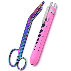 AAProTools Heavy Duty Reusable Penlight + Multi Rainbow Color Nurse Doctor Medical Lister Bandage Scissors Shears One Large Ring (Light Pink + Bandage Scissors 5.5")