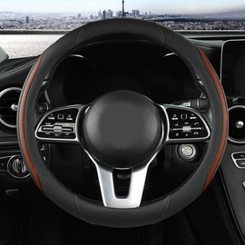 Car Steering Wheel Cover, Leather Steering Wheel Cover Brown Universal 14.5-15 Inch Microfiber Leather Anti-Slip Breathable Auto Steering Wheel Covers for Men Women (Black&Brown)