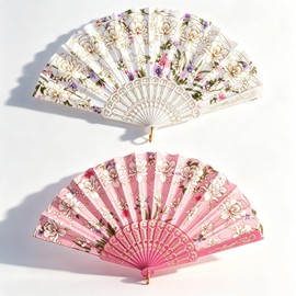 2Pcs Handheld Fans | ‌‌Sparkling Floral Hand Held Fan with Glittering Gold | Fabric Portable Fan Handheld for Women Suitable for Wedding Engagement Dancing Cosplay Birthday Party（White and Pink）