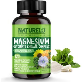 NATURELO Magnesium Glycinate Chelate Complex - 200 mg Magnesium with Organic Vegetables to Support Sleep, Calm, Muscle Cramp & Stress Relief - Gluten Free, Non GMO - 120 Capsules