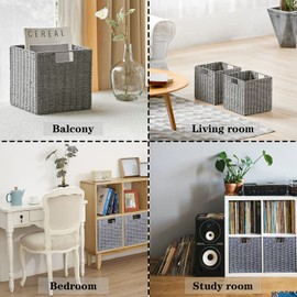 Vagusicc Wicker Basket, Set of 2 Hand-Woven Wicker Storage Basket, Foldable 11 inch Cube Storage Bins, Storage Baskets for Organizing Shelves, Closet Organizers and Storage Bins, Gray (11″×11″×11″)