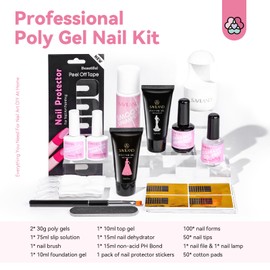 Saviland Poly Gel Nail Kit, 2PCS 30ML Gel Nail Extension Kit with Mini Nail Lamp Slip Solution, Clear Pink Poly Gel Kit with Nail Protector Stickers Nail Dehydrator PH Bond for Nail Art Design Salon