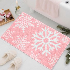 Christmas Bathroom Rugs Winter Pink Snowflake Christmas Bath Mat for Bathroom Extra Soft Absorbent Washable Non Slip Cute Christmas Holiday Rugs for Winter Decor 20''x32''