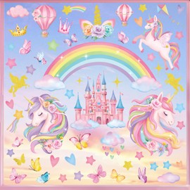 decalmile Window Sticker Rainbow Unicorn Window Decals Princess Castle Flowers Butterflies Anti-Collision Window Sticker Girls Children's Room Glass Window Decoration Sticker