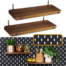SEMPOMA 2 Pack Walnut Color Pegboard Shelf, Pegboard Accessories, Wooden Pegboard Shelves with Pegboard Hooks, Compatible with IKEA Skadis Pegboard