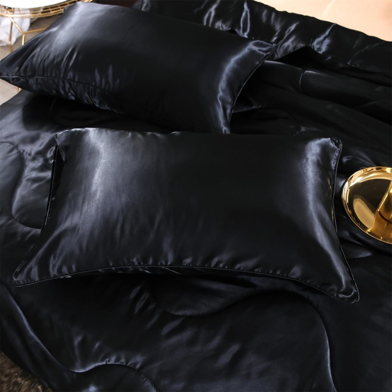 Holawakaka Solid Satin Silk Like Quilt Set Luxury Ultra Soft