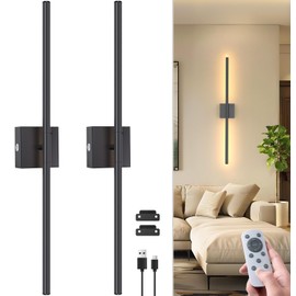 NIORSUN 28 Inch Battery Operated Wall Sconce Set of 2, 360° Rotation Black Rechargeable Wall Lights with Detachable Tube and Remote, 3CCT Dimmable Wall Lamp for Living Room Bedroom Hallway