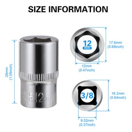 7-Piece 12mm Shallow Sockets, 3/8-Inch Drive, 6-Point, Corrosion Resistance, Compatible with Standard Ratchet Wrenches and Tools