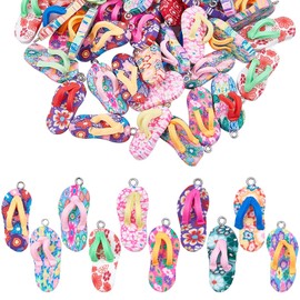 SUNNYCLUE 1 Box 30 Pieces Flip Flop Pendants Made of Clay Pendants DIY Jewellery Mini Slippers Colourful Polymer Clay Pendants for Women Summer Jewellery Making Necklace Earrings Bracelet Raffia