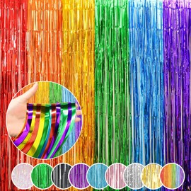 Rainbow Foil Fringe Curtains, 2 Pack Rainbow Party Decorations 1 x 2 m Tinsel Metallic Streamers Holiday Photo Booth Props Backdrop for Birthday Wedding Engagement