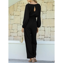 Happy Sailed Women Casual Loose Long Sleeve Belted Wide Leg Pant Romper Jumpsuits Large Black