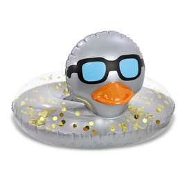 POZA Inflatable Duck Pool Float Tube- Heavy Duty Vinyl UV Resistant Confetti Pool Duck Floatie, Animal Swim Ring Inflatables for Kids and Adults for Beach, Party, Vacation -36 Inches - Silver