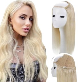 RUNATURE U Part Human Hair Wig, Real Natural Hair, Silky Straight, Short U Part Wig with Middle Cap, Brazilian Remy Hair Half Wigs, No Leave Out, 20 Inch 150% Density #60 Platinum Blonde