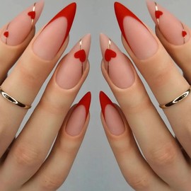 Valentine's Day Press on Nails Medium Almond Fake Nails with Heart Lines Designs Red French Tip Nails Press ons Matte Glue on Nails Cute Acrylic Nails Artificial Stick on Nails for Women 24Pcs