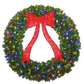 facdiwok 48in Christmas Wreath, 250 LED Lights (Warm White & Color, 10 Lighting Modes), Glowing Red Bow, 714 PVC Branch Tips, Power Plug-in, with Hooks, Holiday Decoration, Outdoor Door Decoration