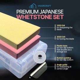 VIGORCRAFT Premium Japanese Whetstone Set - 1000 and 3000 Grit Knife Sharpening Stones with Angle Holder and Plastic Base