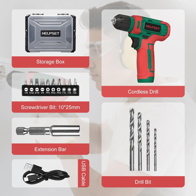 8V Cordless Drill Driver Set - 3/8" Keyless Chuck, 15pcs