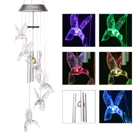 Wind Chimes Solar Hummingbird Wind Chime with Metal Tubes Color Changing Lights Outdoor Solar Lights Hanging Decorative Garden Lights Xmas Gifts for Decor Home Garden Patio Yard Indoor Outdoor