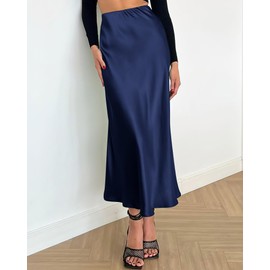 BTFBM 2025 Womens Summer Fall Long Satin Skirt Silk Elegant High Waist Cocktail Party Wedding Flowy A-Line Midi Skirts(Navy, Medium)