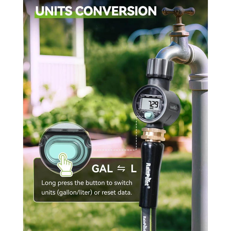 RAINPOINT Water Flow Meter, ±5% Accuracy, Measure Consumption and Flow