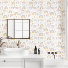 Mangoloo 17.5"x314" Pink Rainbow Wallpaper Peel and Stick Cloud Sun Kids Wallpaper for Bathroom Bedroom Nursery Pink Floral Contact Paper for Cabinets Self Adhesive Removable Rainbow Wall Murals