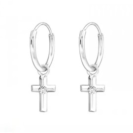 Hoop Earrings with Dangling Hanging Cross with Crystal Stones - 925 Sterling Silver
