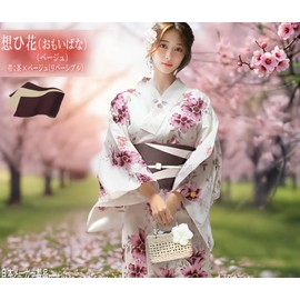 Aletta domani Women's Yukata 2-Piece Set, Yukata Belt Set, Half Width Belt, Reversible, 100% Cotton, Classic Pattern, Fireworks Festival, Ayoha Beige