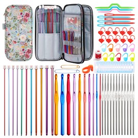 LOOEN Aluminum Tunisian Crochet Hooks Set Afghan Knitting Needles Kit with Long Case,11pcs 2mm/B-8mm/L Hooks and Necessary Accessories,Gift for Mom (Green Flower)