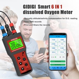 GIDIGI Dissolved Oxygen Meter for Water 6 in 1 Smart DO pH Salinity TDS EC Temp. with Auto Compensation for Ponds Aquariums Water Testing Water Quality Tester Pond Oxygen Tester Fish Tank pH Test Kit