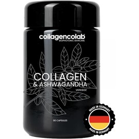 COLLAGENCOLAB® High Dose Ashwagandha Capsules 500 mg with Verisol Collagen 1300 mg, Biotin, Vitamin C, Hyaluronic Acid, Digestive Aid Peptide Protein for Skin, Hair and Nails Dietary Supplement