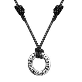 Silver Norse Viking Rune Leather Rope Necklace Runic Coin Talisman Pendant Adjustable Braided Cord Chain Necklace Jewelry Gifts for Men Women