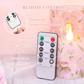 Immeiscent Pink Glass Flameless Candles with Remote Timer Watercolor Floral Decor Botanical Battery Operated Flicker LED Pillar Candle for Table Centerpiece Wedding Home Decoration, Set of 3
