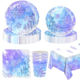Snowflake Party Supplies-Complete Pack Snowflake Party Tableware Set Blue Purple Snowflake Party Plates Cups Napkins Tablecloth Serves 10 for Snowflake Winter Party Decorations