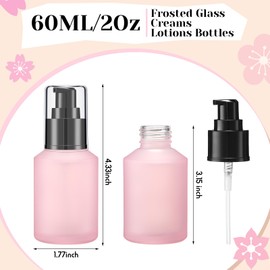 4 Pcs 60ml/2oz Empty Refillable Pink Frosted Glass Creams Lotions Bottles with Pump Vial Cosmetic Dispenser Jars Makeup Emulsion Liquids Storage Container Portable Travel Bottle Cosmetic Container