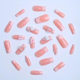 24Pcs French Tip Press on Nails Square Long Coffin Fake Nails White Flower Pearls False Nails Pink Bow Nail Charms Designs Press on Nail Summer Acrylic Nails Full Cover Glue on Nails for Women Girls