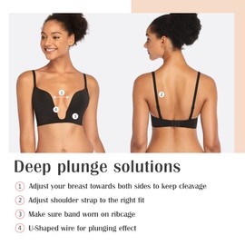 DotVol Women's Deep Plunge Convertible Push up Low Cut Seamless U Bra(38C, Black)