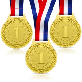 Medals for Kids 3 Pieces Gold Metal Medal Olympic Decoration Sports Day Medals with Ribbon Necklace for Sports Day Prizes Gym Competitions Party Favors Kids Adults