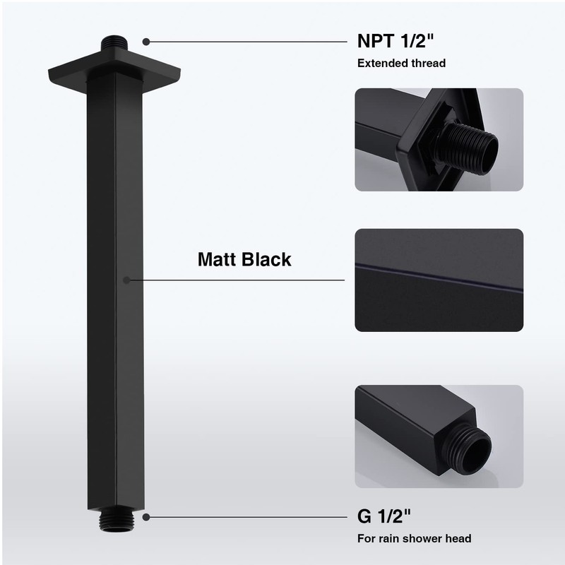 Matte Black Shower Arm with Flange 12 Inch Replacement Extension