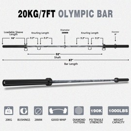 Huisheng 7ft Olympic Barbell for Strength Training and Olympic Weightlifting, 500 700 1000LBS Capacity Available, 2 Inch Bar for Squats, Home Gym Fitness Equipment, Bench Press, Deadlift,Powerlifting
