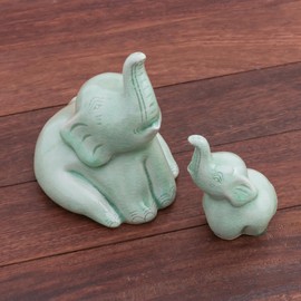 NOVICA Handmade Celadon Ceramic Figurines Elephant from Thailandpair Green Sculpture Animal Themed 'Mom and Baby'