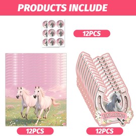 JYNVO 12 x Horse Invitation Cards Children's Birthday Girl with 12 Stickers and 12 Envelopes - Riding Farm Motifs - Birthday Invitations for Girls - Children's Party