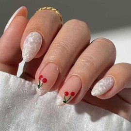 Enppode Almond Press on Nails Medium Fake Nails French Tips Nails Pink Nails Glossy Full Cover Nails for Women 24 PCS/Set (Pink Cherry Nails French)